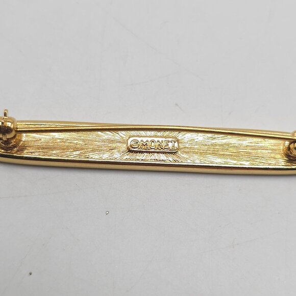 Elegant Black Enamel Gold Monet Designer Bar Brooch Vintage Signed Pin - Picture 3 of 5